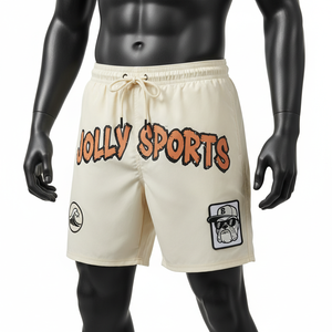 Shorts de bain pour homme en microfibre polyester 150 GSM de haute qualité, couleur crème beige, tissu à séchage rapide, taille élastique, logo personnalisé. - Product Image 4