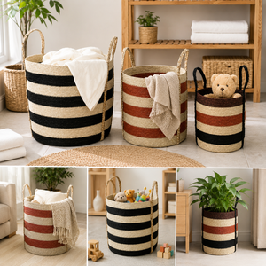 Striped <b>Plant</b> Fiber Eco-Friendly Storage <b>Baskets</b> Set with Handles Bowl Shape Rustic Multi-Purpose Home Decor - Product Image 6