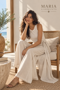 Tenues d'été décontractées chic et modernes pour femmes - Débardeur blanc côtelé en spandex respirant et pantalon ample à taille élastique avec superposition - Product Image 5