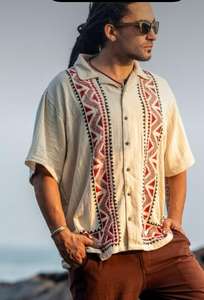 Chemise en coton crème brodée à la main pour homme, manches courtes, boutonnée, de qualité supérieure, respirante - Product Image 2