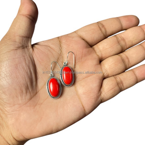 Pendientes colgantes de plata de ley 925 de alta calidad de fábrica directa al por mayor, piedras preciosas de Coral rojo, ropa de fiesta dorada hecha a mano para mujer - Product Image 3