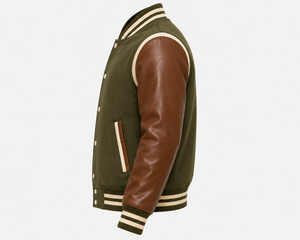 Veste de baseball pour homme de style universitaire décontracté, couleur vert olive, avec manches en cuir marron et bordures crème - Product Image 3