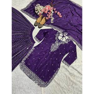 Ensemble haut, pantalon palazzo et dupatta pour femme, taille L, couleur violette, magnifique, pour les fêtes, avec broderie, par Maruti Fashion - Product Image 3