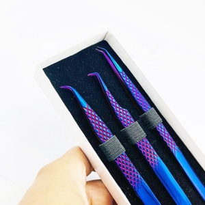 Pinzas de extensión de pestañas de volumen curvo de 45 90 grados de acero inoxidable sólido profesional agarre de textura de Diamante Azul puntiagudo a mano - Product Image 2