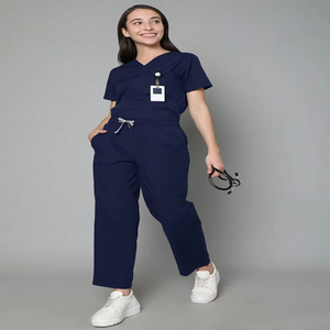 Women <b>Scrub</b> Set Navy Blue V-Neck Short Sleeve Pants Woven Cotton Polyester Hospital Uniform Needle Detection - Product Image 1