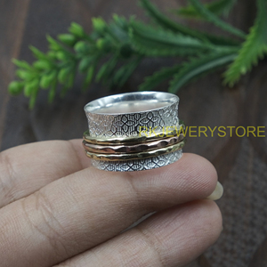Handmade Spinner <b>Ring</b> 925 <b>Silver</b> Brass Copper Meditation Band Textured Wide Band Anxiety Relief Fidget <b>Ring</b> Unisex Jewelry Him - Product Image 5