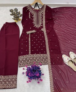 Low Price Premium Fancy Ethnic Wear Kurti Sharara Dupatta <b>Set</b> Dubai Style Party Wear Quick Dry Maroon 81038 AC-7084 7094 - Product Image 3