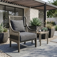 Chaise longue d'extérieur élégante et confortable en bois de teck massif avec lattes, coussin gris foncé rembourré en mousse, aucun assemblage requis