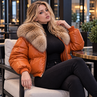 Veste matelassée en cuir d'agneau véritable pour femme, à carreaux, avec fermeture éclair, col en fourrure de renard, style streetwear fin, coupe-vent d'hiver