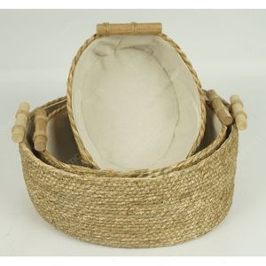 CALA <b>LINEN</b> Woven Seagrass Eco-Friendly Simple Oval <b>Storage</b> Baskets-Lined Organizer Bins with Wood Handles - Product Image 4