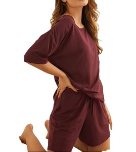 Ensemble pyjama 2 pièces pour femmes, manches courtes, couleur unie, jersey en coton, vêtements de nuit, col rond, short à cordon, vêtements décontractés d'été - Product Image 1