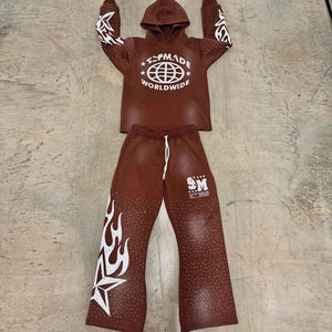 Unisex <b>Brown</b> Hooded Tracksuit Full Length Loose Fit Streetwear With Flame Print And Drawstring Closure Polyester Material - Product Image 6