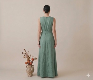 Robe d'été artisanale en lin tissé, col en V, sans manches, couleur unie, respirante, taille naturelle, style vintage, tenue décontractée - Product Image 3