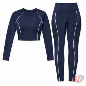 Custom Women Navy Yoga Set Streamlined Half Sleeve <b>Top</b> High Waist Performance <b>Leggings</b> Print Front Logo Seamless Polyester/Nylon - Product Image 2