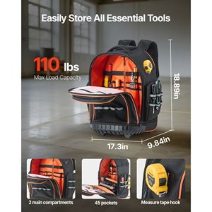 110 Lbs Load Capacity 45 Pockets <b>Rolling</b> <b>Tool</b> Backpack Adjustable Telescoping Handle PU Heavy Duty Roller <b>Tool</b> <b>Bag</b> Zipper - Product Image 4