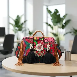 Bohemian Embroidered <b>Patchwork</b> Handbag Tassels Beaded Flowers Black Color Small Capacity Zipper Closure Shoulder <b>Bag</b> All Seasons - Product Image 6