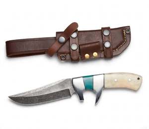 Couteau de camping artisanal en acier Damas avec pointe tombante, support OEM de qualité DIY, manche en os naturel et étui en cuir - Product Image 4