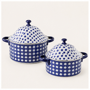 Lot de casseroles en métal peintes à la main, motif bleu et blanc, soupière et marmite avec couvercle pour restaurant et buffet – En promotion - Product Image 1