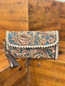 Mini billetera de cuero genuino para mujer, diseño occidental Floral turquesa con borla, bolso de mano de piel de vaca, gran oferta - Product Image 2