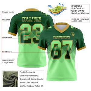 Maillot de football américain prêt pour le tournoi, col en V, manches courtes, vert et or, sublimé, 100 % polyester, vêtements de sport pour hommes - Product Image 2
