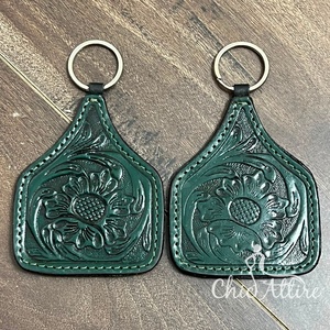 Porte-clés en cuir véritable personnalisé, gravé floral, style western, fait main - Product Image 1