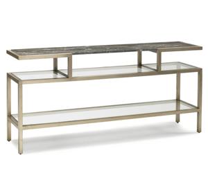 Mesa Consola Moderna Convertible de Niveles con Marco Metálico Dorado Champán Espejado, Tapa Metálica y Estantes de Vidrio para Uso en Entrada/Hotel - Product Image 1