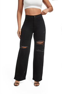 Vaqueros de mezclilla rasgados de cintura alta y pierna ancha para mujer, negros lisos, de ajuste holgado informal, de largo completo, estilo primavera - Product Image 6