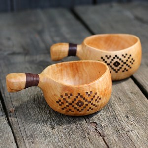 Handmade Wooden Coffee Bowl Kuksa Cup Traditional <b>Leather</b> On Handle Design Scandinavian Drinking Mug Natural Wood Tableware - Product Image 4
