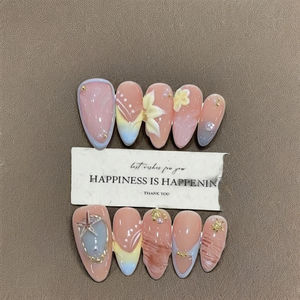 Uñas acrílicas de almendra mediana prediseñadas usable cremoso desnudo naranja suave diseño de dedo romántico costa de la mañana - Product Image 3