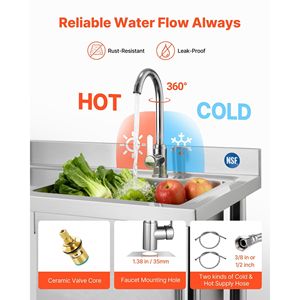 Lavello Commerciale Monoblocco Autoportante in Acciaio Inossidabile con Rubinetto Acqua Calda/Fredda e Tubazione, Fabbricazione in Acciaio - Product Image 4