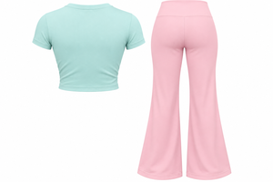 Conjunto Deportivo de Dos Piezas para Mujer, Top Corto Verde Menta y Pantalones Acampanados Rosas, para Yoga - Product Image 2