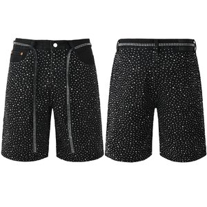 Custom Summer Vintage Acid Wash Canvas Solid High Waist Drawstring Shorts Streetwear Rhinestones Crystal Distress Casual Pearls - Product Image 1