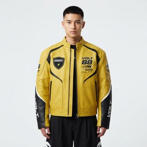 Mens Yellow Black Leather <b>Racing</b> <b>Jacket</b> Volt 88 Graphic Printed Speed Biker Moto Track Apparel Darkry High Streetwear Coat - Product Image 1