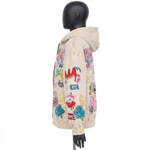 Mens Oversized Vintage Wash <b>Full</b> <b>Zip</b> <b>Hoodie</b> Heavyweight 100% Cotton Fleece Embroidered Cartoon Print Graffiti Typography - Product Image 2