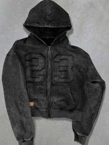Sweat à capuche surdimensionné personnalisé, effet délavé vintage, entièrement zippé, en coton épais de qualité supérieure, avec patch numéro en relief, style streetwear - Product Image 1