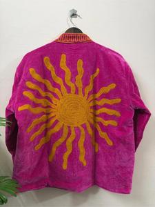 Premium Fuchsia <b>Velvet</b> Embroidered Suzani <b>Jacket</b> With Sun Pattern Full Sleeve Stand Collar Bohemian <b>Women</b> Winter Coat - Product Image 6