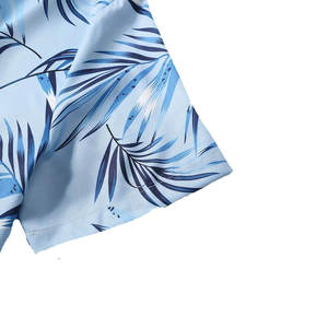 Men's Summer Casual Short Sleeve Shirt Set With Palm Print And <b>Light</b> Blue Shorts Breathable Polyester Fabric - Product Image 4