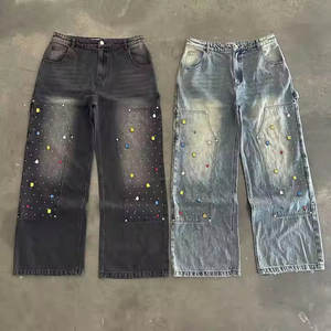 PRINT CRAFT SPORTS Men Light Blue Polyester Baggy Rhinestone Denim <b>Jeans</b> Vintage Flare Style <b>Elastic</b> <b>Waist</b> High Regular Fit - Product Image 5
