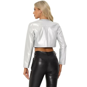 Women's Open Front Faux <b>Leather</b> Moto Biker <b>Long</b> Sleeve <b>Jacket</b> Cropped Top with Stand Collar and Zipper Front Coats - Product Image 4