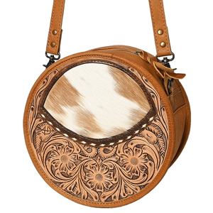 Western Designer Genuine Leather Cowhide Fur Bohemian Tote Mini Canteen <b>Bag</b> Hand-Tooled <b>Coin</b> Purse for Women Autumn - Product Image 1