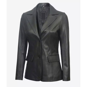 Chaqueta Blazer de Cuero Negro de Dos Botones para Mujer - Cuero de Cordero Auténtico, Corte Entallado, Estilo Casual de Negocios, Ropa de Oficina para Damas - Product Image 1
