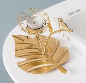 Golden Leaf Candle <b>Stand</b> with <b>Bird</b> and Cage Design Brass Home Decor Heat Resistant Metal Holder - Product Image 1