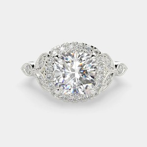 18K White Gold Cushion Cut Lab Grown Diamond Halo Engagement <b>Ring</b> | Vintage Milgrain Floral Band | IGI Certified Luxury Solitai - Product Image 1