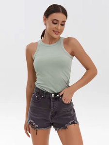 Women Solid O-Neck Ribbed Tank <b>Top</b> Casual Sleeveless Crop <b>Top</b> Breathable Knitted Cotton Spandex Front Logo - Product Image 3