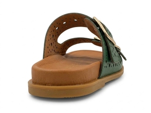 Sandales plates en cuir véritable vert, bout ouvert, fermeture à boucle, chaussures d'été respirantes, semelle en caoutchouc - Product Image 4