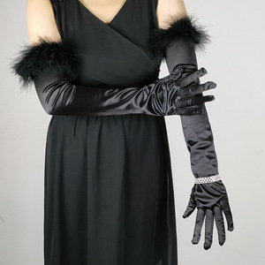 2025 Women Stylish Summer Vintage Satin <b>Black</b> <b>Feather</b> Lace Long Wedding Dress Stretch Spandex Satin Ceremonial Sunscreen Gloves - Product Image 2