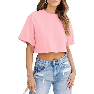 Crop top d'été pour femmes, en coton ample, coupe décontractée, manches courtes, streetwear, logo personnalisé - Product Image 2