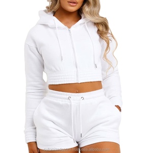 New Arrival Stylish Solid Pattern Comfortable Fleece Size 6XL Gym Wear Premium Quality Women's Crop Hoodie Shorts Set - Product Image 4