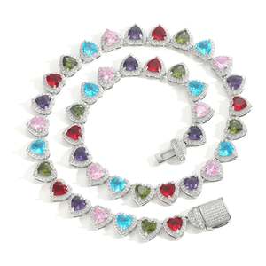 Solid 925 Sterling Silver Iced-Out VVS Moissanite Multicolor Heart Tennis Chain Vibrant Hip-Hop Candy Drip Fashionable <b>Necklace</b> - Product Image 5