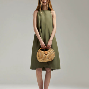 Vestido de Lino para Mujer, Holgado, Largo hasta la Rodilla, Estilo Drapeado, para Uso Diario, Oficina, Estilo Urbano, Casual, Sin Mangas, Midi, Estilo Dulce - Product Image 3